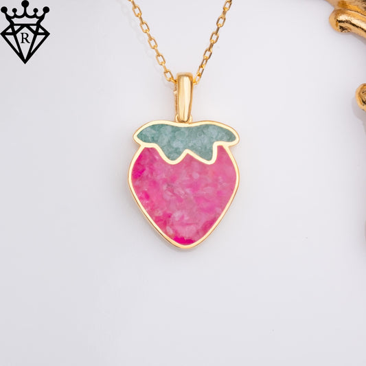 Pink Agate Strawberry Necklace, Aventurine Leaf Pendant, 14K Gold Plated 925 Silver, Cute Fruit Jewelry, Handmade Gift for Her