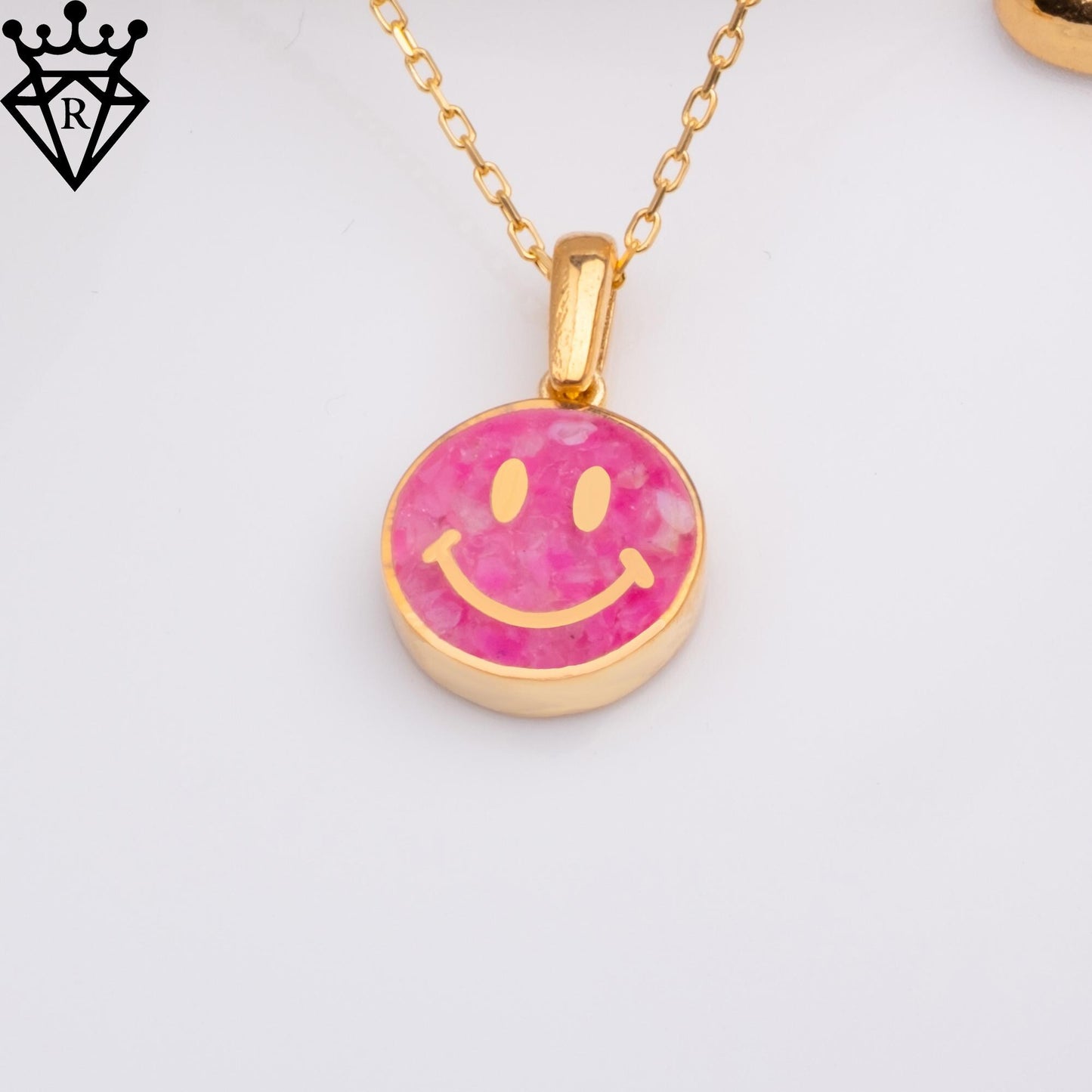 Pink Agate Smiley Face Necklace, 14K Gold, 925 Sterling Silver Positive Pendant, Dainty Handmade Happy Good Vibes Jewelry Gift for Her Women