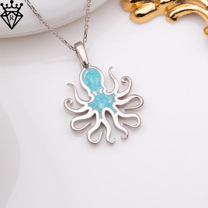 Turquoise Stone Octopus Necklace, Silver Octopus Pendant, Unique Octopus Jewelry, Gemstone Pendant Necklace, Turquoise Choker