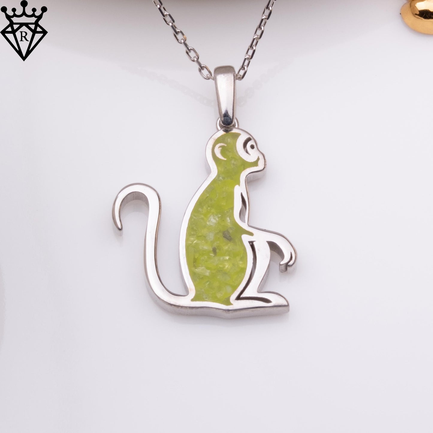 Peridot Stone Monkey Necklace, Silver Birthstone Jewelry, Handmade Peridot Necklace, Crystal Pendant, Birthday Gifts for Women