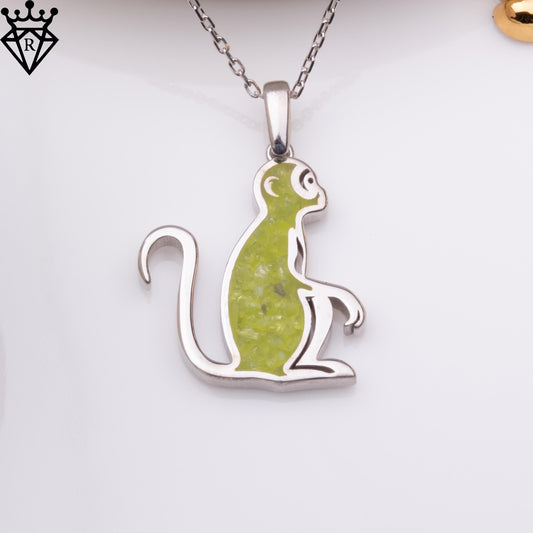 Peridot Stone Monkey Necklace, Silver Birthstone Jewelry, Handmade Peridot Necklace, Crystal Pendant, Birthday Gifts for Women