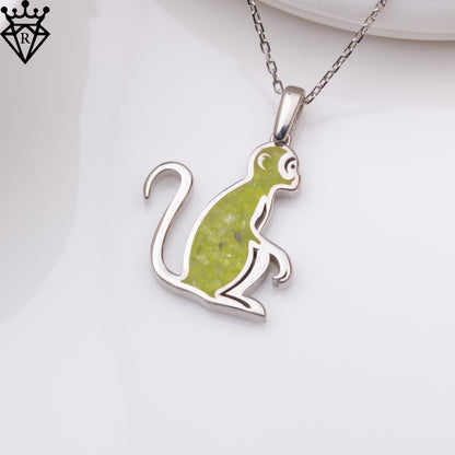 Peridot Stone Monkey Necklace, Silver Birthstone Jewelry, Handmade Peridot Necklace, Crystal Pendant, Birthday Gifts for Women