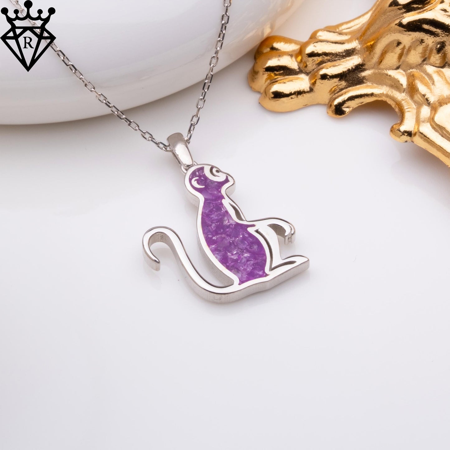 Amethyst Stone Monkey Necklace, Silver Birthstone Jewelry, Handmade Amethyst Necklace, Crystal Pendant, Birthday Gifts for Women