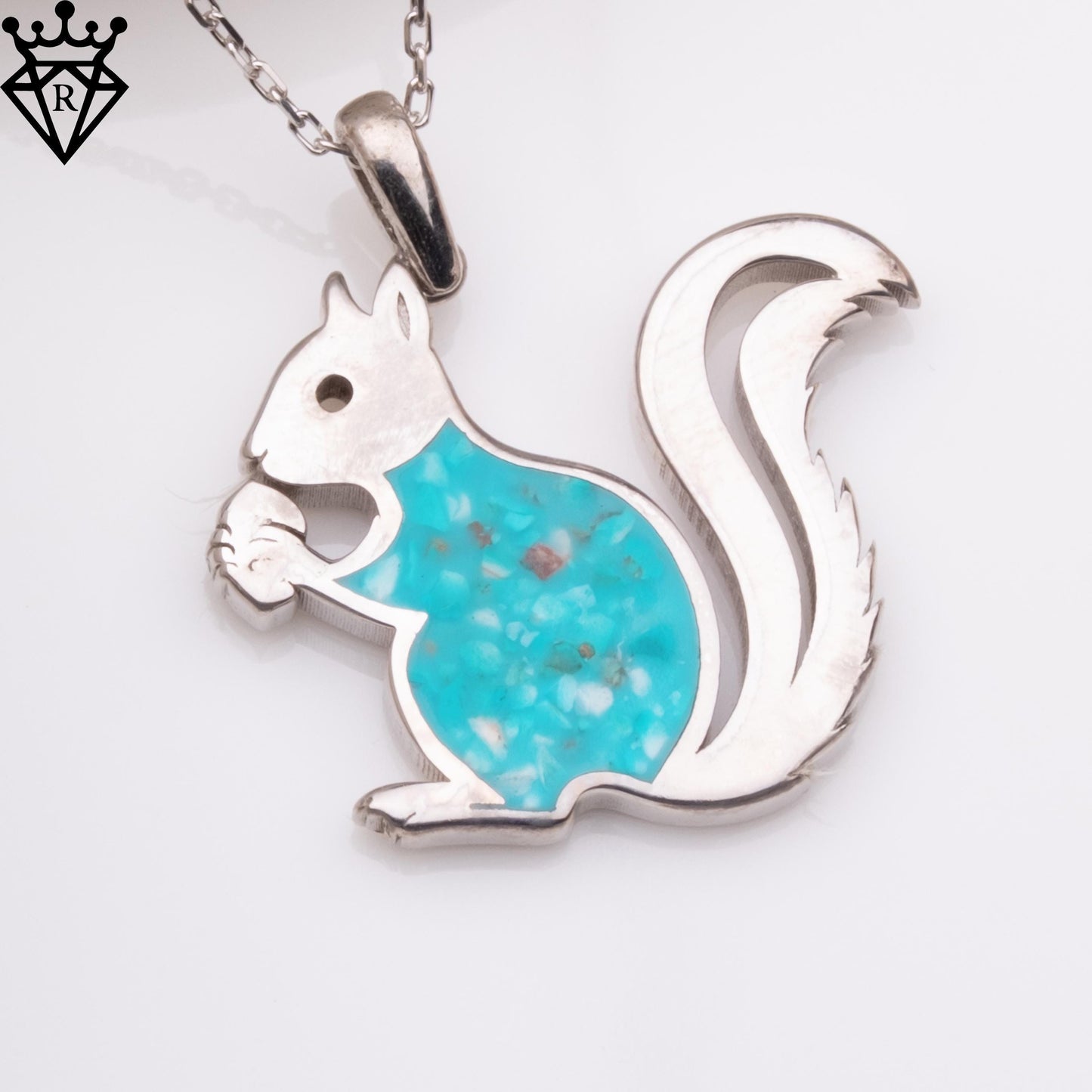 Turquoise Stone Squirrel Necklace, Sterling Silver Handmade Jewelry, Blue Gemstone Pendant, Dainty Charm Necklace, Gift for Her