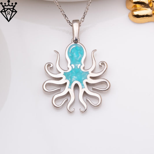 Turquoise Stone Octopus Necklace, Silver Octopus Pendant, Unique Octopus Jewelry, Gemstone Pendant Necklace, Turquoise Choker
