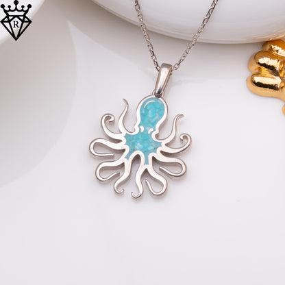 Turquoise Stone Octopus Necklace, Silver Octopus Pendant, Unique Octopus Jewelry, Gemstone Pendant Necklace, Turquoise Choker
