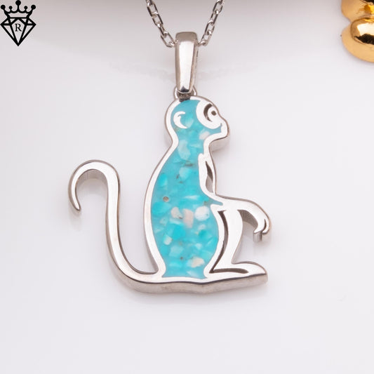 Turquoise Stone Monkey Necklace, Silver Pendant Necklace, Minimalist Custom Jewelry, Dainty Gold Necklace