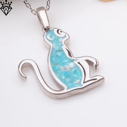 Turquoise Stone Monkey Necklace, Silver Pendant Necklace, Minimalist Custom Jewelry, Dainty Gold Necklace