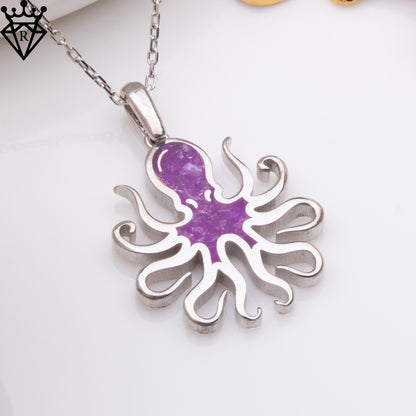 Sterling Silver Amethyst Octopus Necklace - Gemstone Pendant