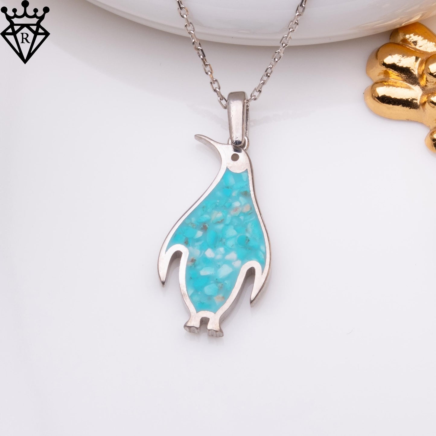 Turquoise stone Penguin Necklace, 925 Sterling Silver Handmade Birthstone Jewelry, August Gemstone Pendant, Unique Gift for Her