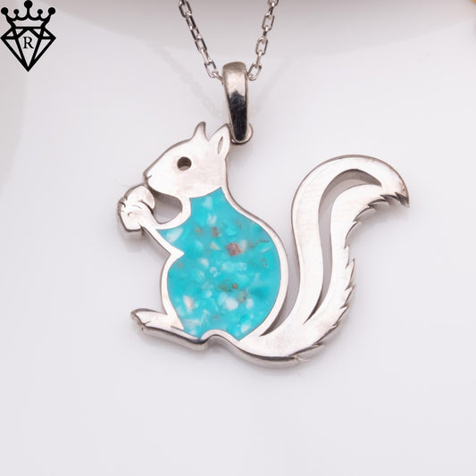 Turquoise Stone Squirrel Necklace, Sterling Silver Handmade Jewelry, Blue Gemstone Pendant, Dainty Charm Necklace, Gift for Her