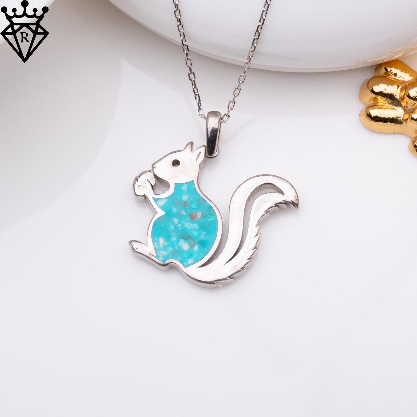 Turquoise Stone Squirrel Necklace, Sterling Silver Handmade Jewelry, Blue Gemstone Pendant, Dainty Charm Necklace, Gift for Her