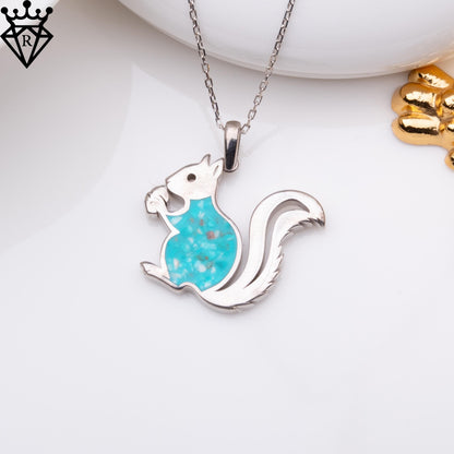 Turquoise Stone Squirrel Necklace, Sterling Silver Handmade Jewelry, Blue Gemstone Pendant, Dainty Charm Necklace, Gift for Her