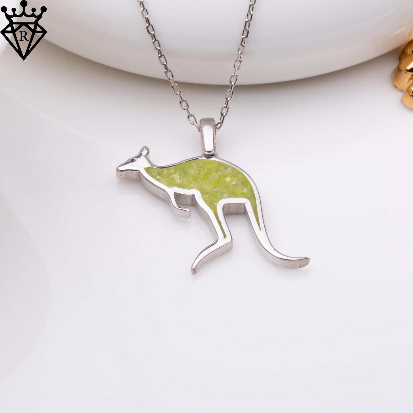 Peridot Stone Kangaroo Necklace, Sterling Silver Birthstone Jewelry, Handmade Animal Pendant, Gold Plated Necklace Gift for Her