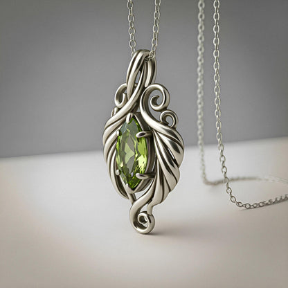 Elven Peridot Necklace | 925 Sterling Silver Women | Fantasy Leaf Filigree Design | Meaningful Gift for Nature Lovers