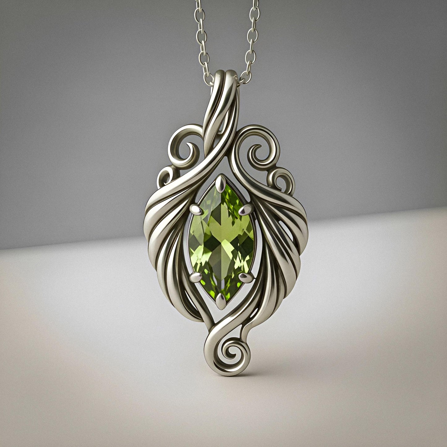 Elven Peridot Necklace | 925 Sterling Silver Women | Fantasy Leaf Filigree Design | Meaningful Gift for Nature Lovers