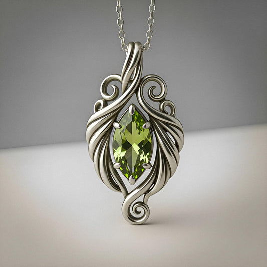 Elven Peridot Necklace | 925 Sterling Silver Women | Fantasy Leaf Filigree Design | Meaningful Gift for Nature Lovers