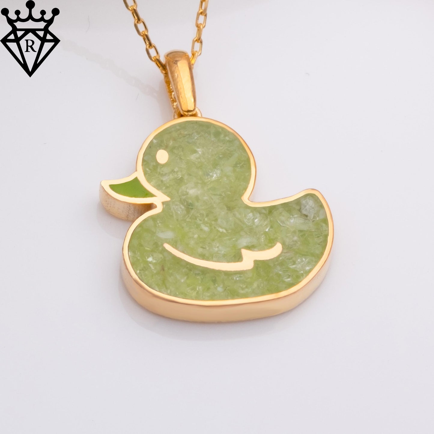 Peridot Duck Pendant Necklace: 14K Gold Plated Sterling Silver Animal Jewelry