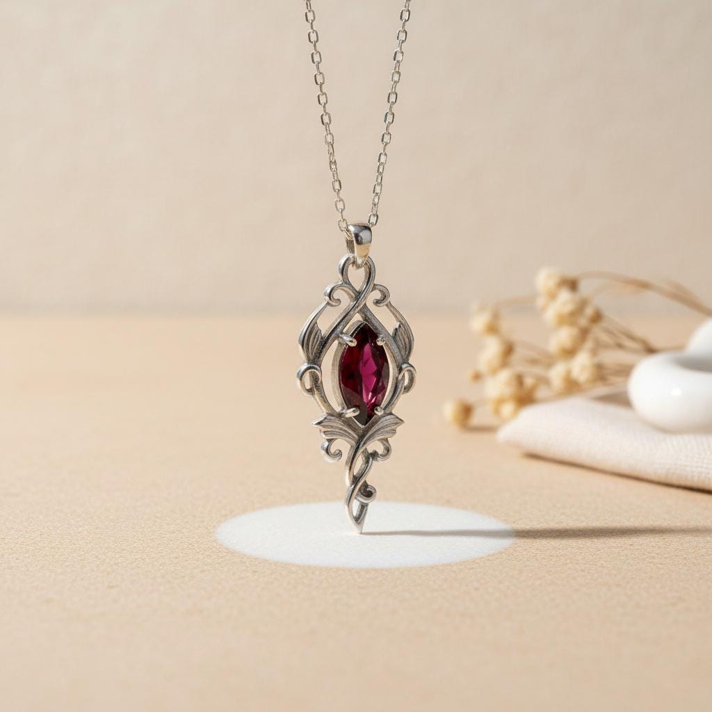 Elven Spirit Necklace | 925 Sterling Silver Jewelry | Garnet Gem Fantasy Design | Symbolic Gift for Her
