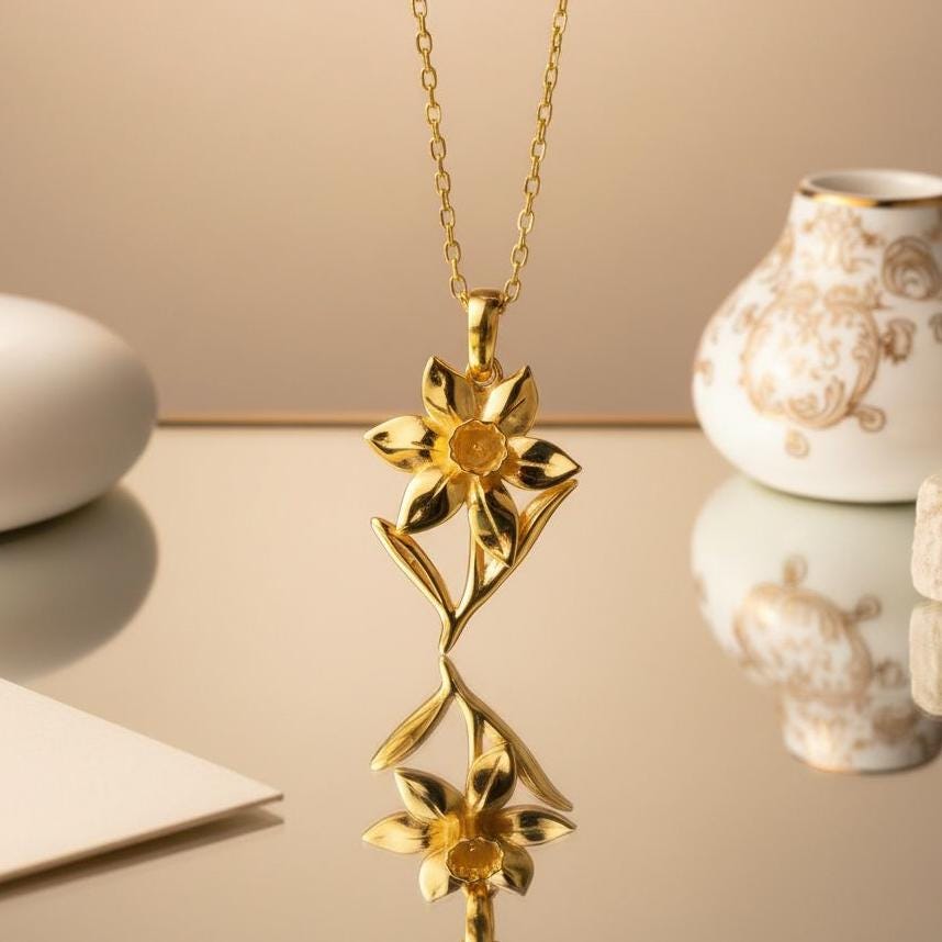 Daffodil Narcissus Flower Necklace | 925 Sterling Silver for Women | Botanical Spring Floral Jewelry | March Birth Flower Gift