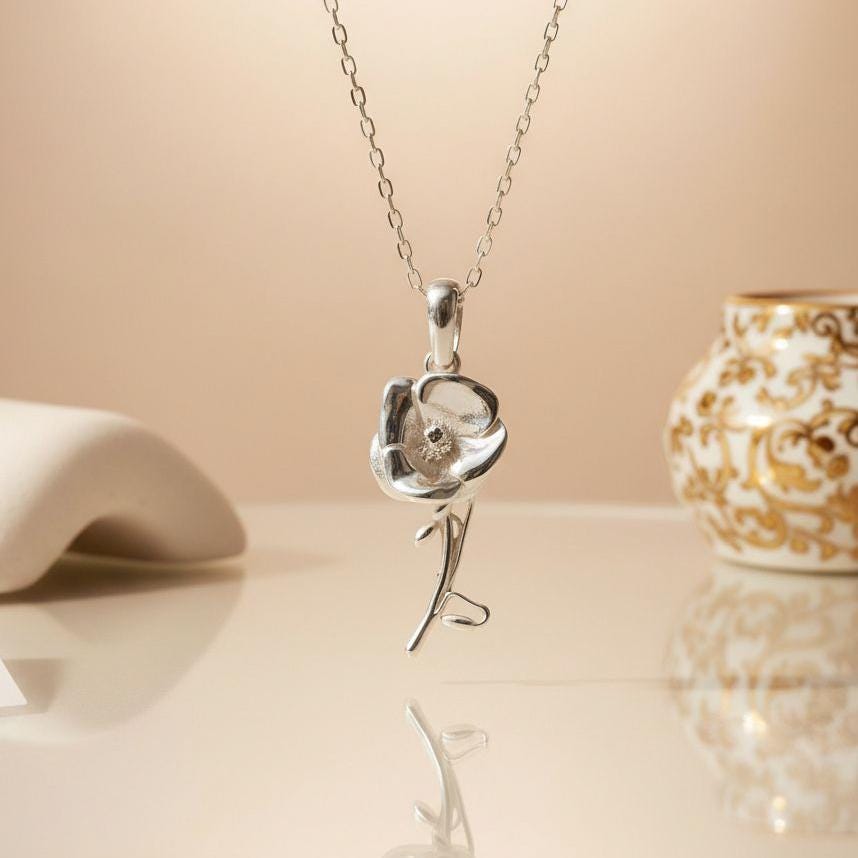 Poppy Flower Necklace | 925 Sterling Silver Women | Botanical Birth Flower Style | August Birthday Gift