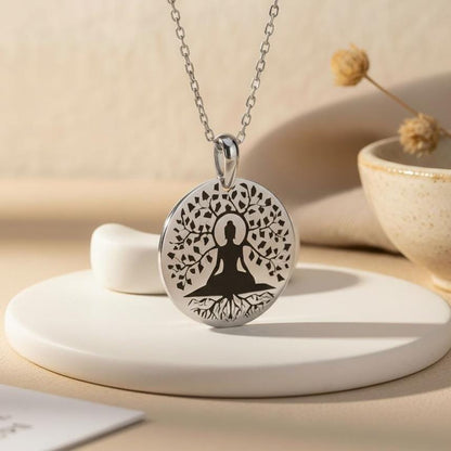 Tree of Life Buddha Necklace | 925 Sterling Silver Unisex | Spiritual Lotus Meditation Jewelry | Mindfulness Meaningful Gift