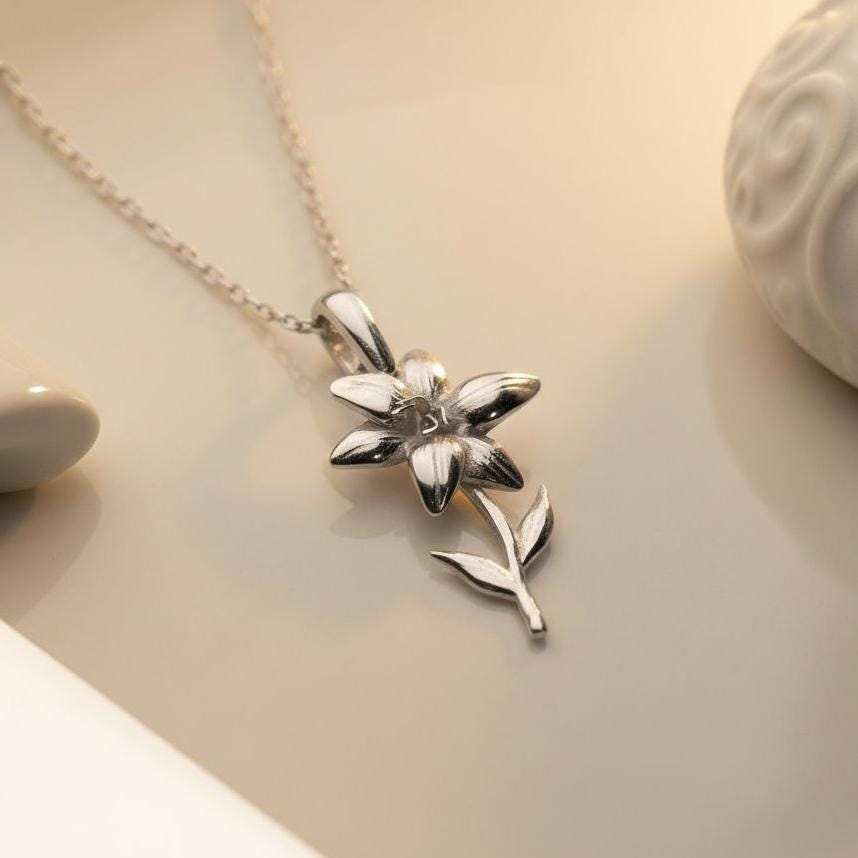 Lily Flower Necklace | 925 Sterling Silver for Women | Botanical Spring Floral Jewelry | May Birth Flower Gift