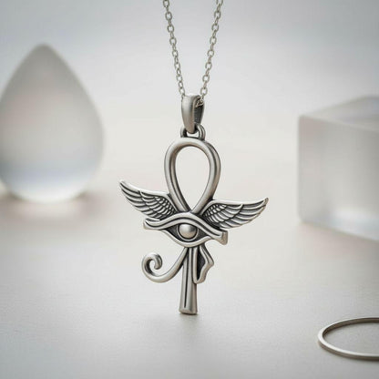 Winged Ankh Eye of Horus Necklace | 925 Sterling Silver Unisex Jewelry | Ancient Egyptian Protection Symbol | Meaningful Spiritual Gift