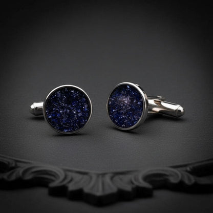 Natural Stone Inlay Cufflinks | 925 Sterling Silver Mens Jewelry | Minimalist Gothic Celestial Style | Anniversary and Groom Gift