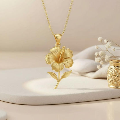 Hibiscus Flower Pendant Necklace | 925 Sterling Silver Jewelry | Tropical Floral Design | July Birth Flower Gift