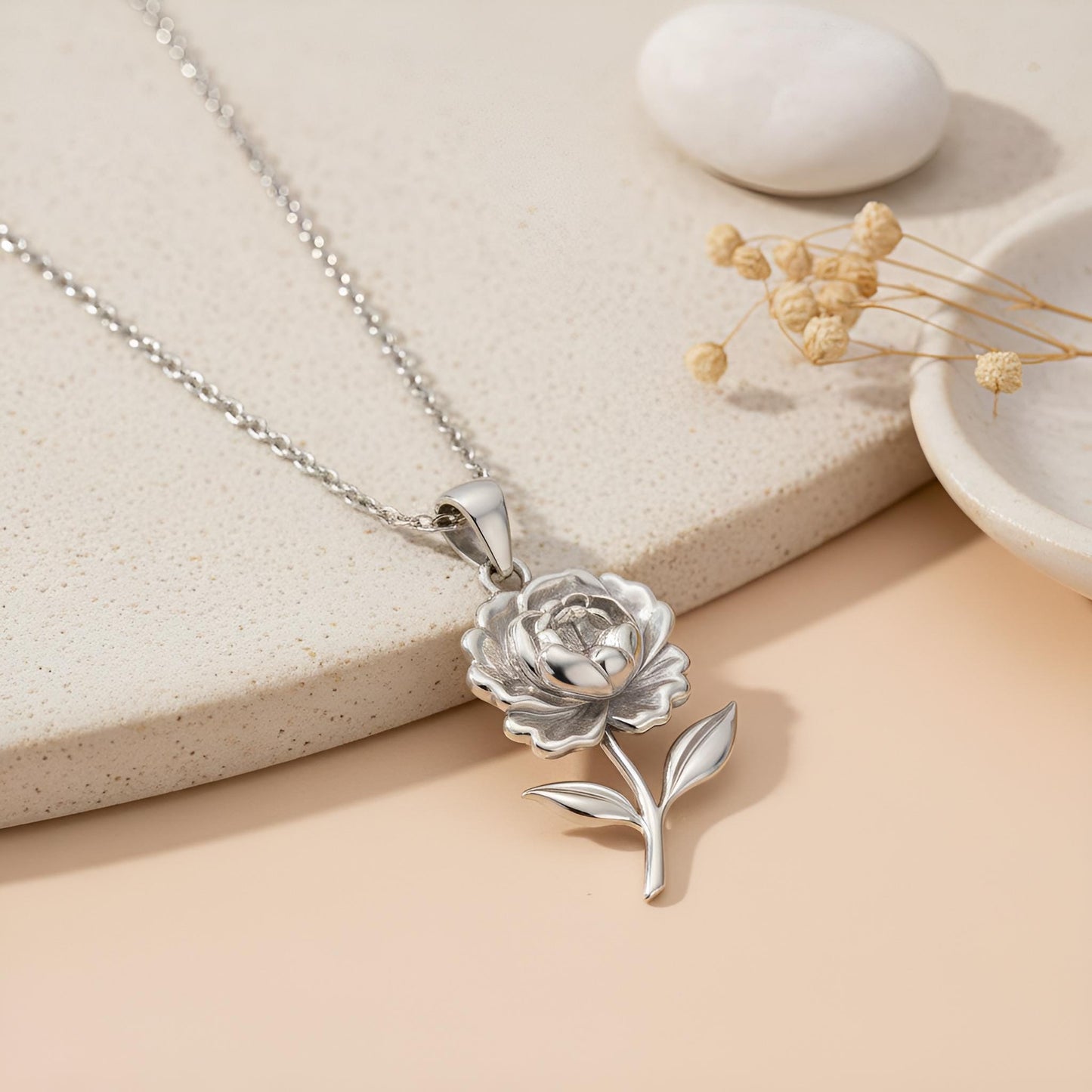Peony Flower Pendant Necklace | Solid 925 Sterling Silver Jewelry | Botanical Floral Elegance | Meaningful Romantic Gift