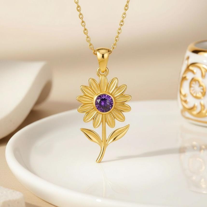 Sunflower Birthstone Pendant Necklace | 925 Sterling Silver | Floral Birth Flower Symbolism | Personalized Birthstone Gift