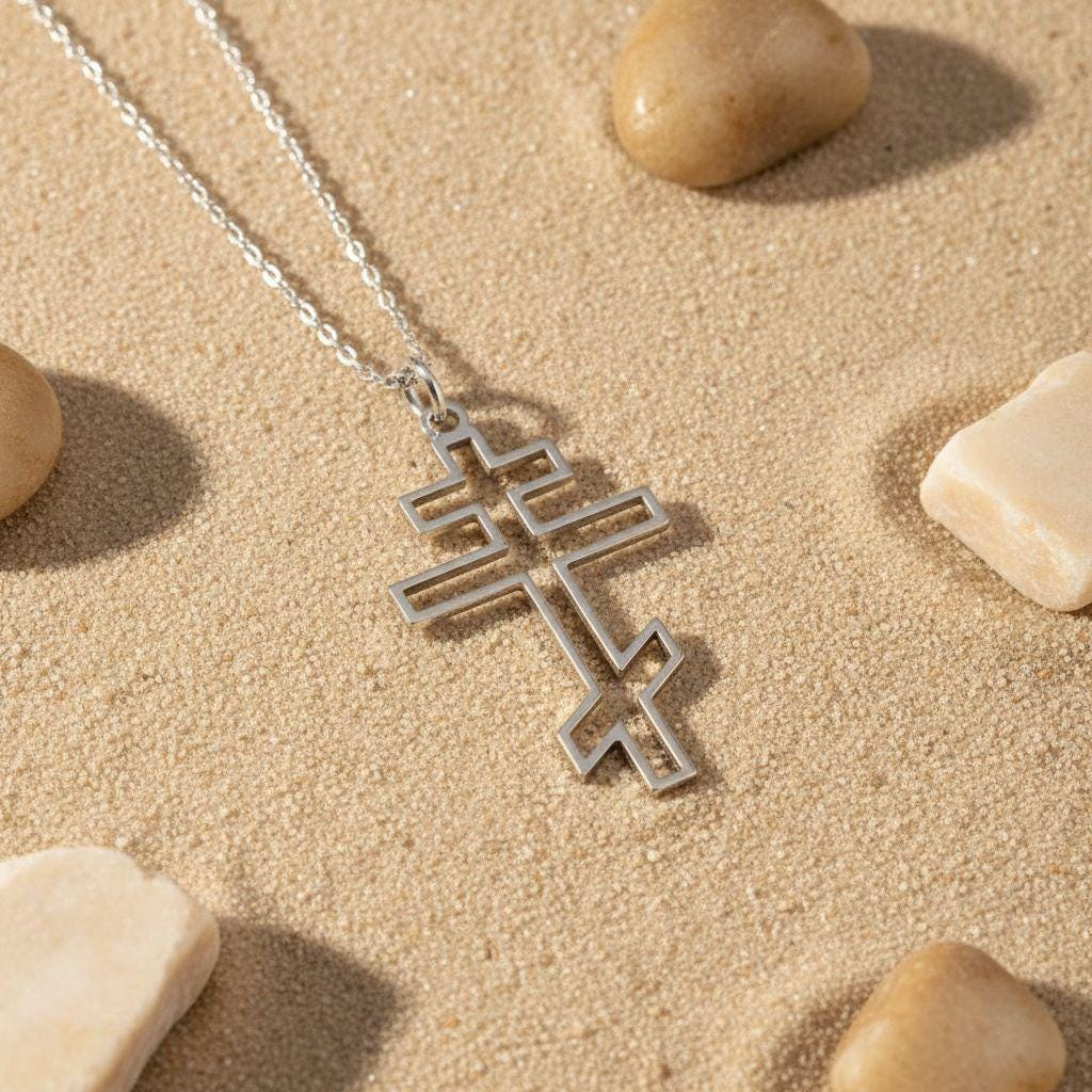 Gold Orthodox Cross Necklace | 925 Sterling Silver | Sideways Minimalist Christian Style | Meaningful Faith Gift