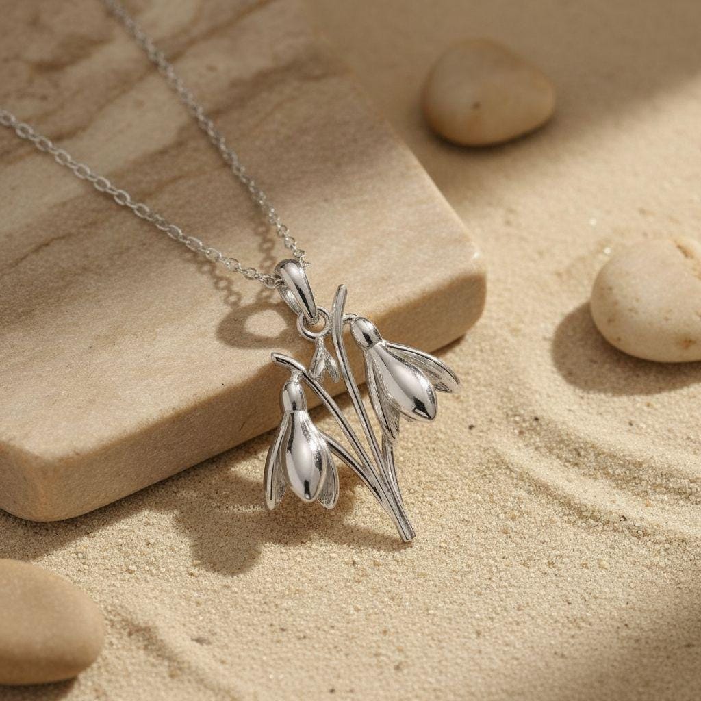 Snowdrop Flower Necklace | 925 Sterling Silver | January Birth Flower Minimalist Jewelry | Birth Month Gift