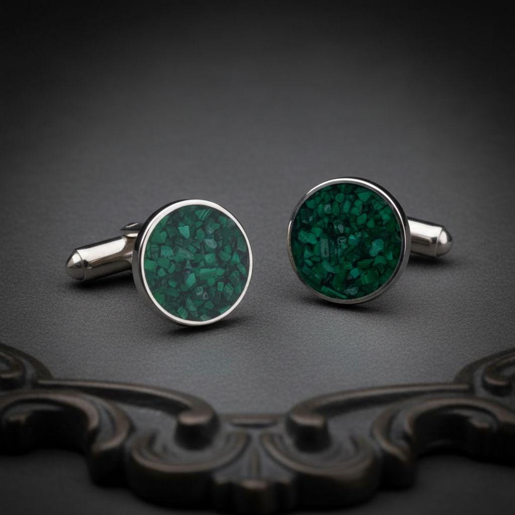 Personalized Malachite Stone Cufflinks | 925 Sterling Silver Mens Jewelry | Minimalist Vintage Gothic Style | Wedding and Anniversary Gift
