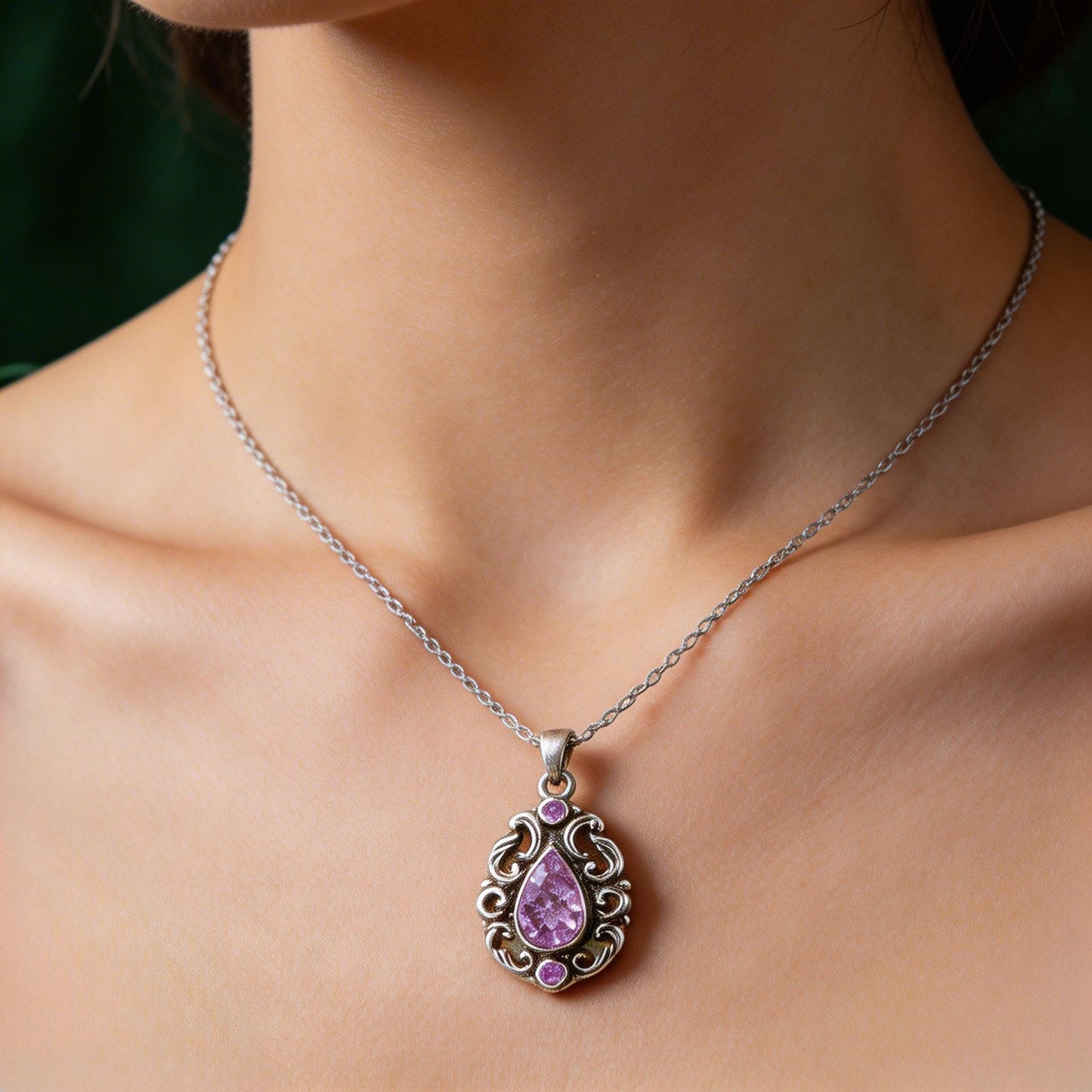 Vintage Amethyst Necklace | 925 Sterling Silver | Gothic Baroque Crystal Pendant | Gift for Her