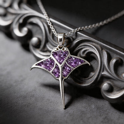 Amethyst Manta Ray Necklace | 925 Sterling Silver Marine Pendant | Natural Gemstone Ocean Jewelry | Birthday Gift