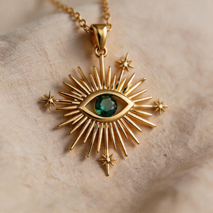 Evil Eye Sun Necklace | 925 Sterling Silver Gold Plated | Celestial Protection Eye Design | Birthstone Gift for Her