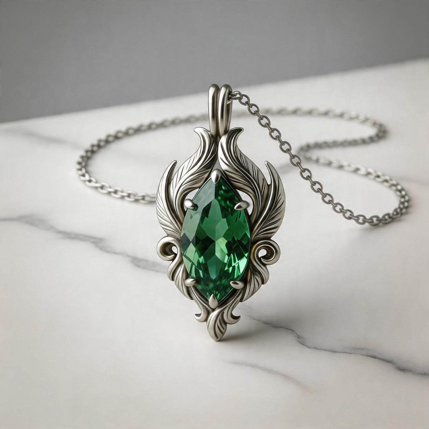Emerald Gothic Necklace | 925 Sterling Silver Vintage Pendant | Antique Style Filigree Jewelry | Unique Gift for Her