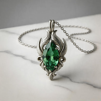Emerald Gothic Necklace | 925 Sterling Silver Vintage Pendant | Antique Style Filigree Jewelry | Unique Gift for Her