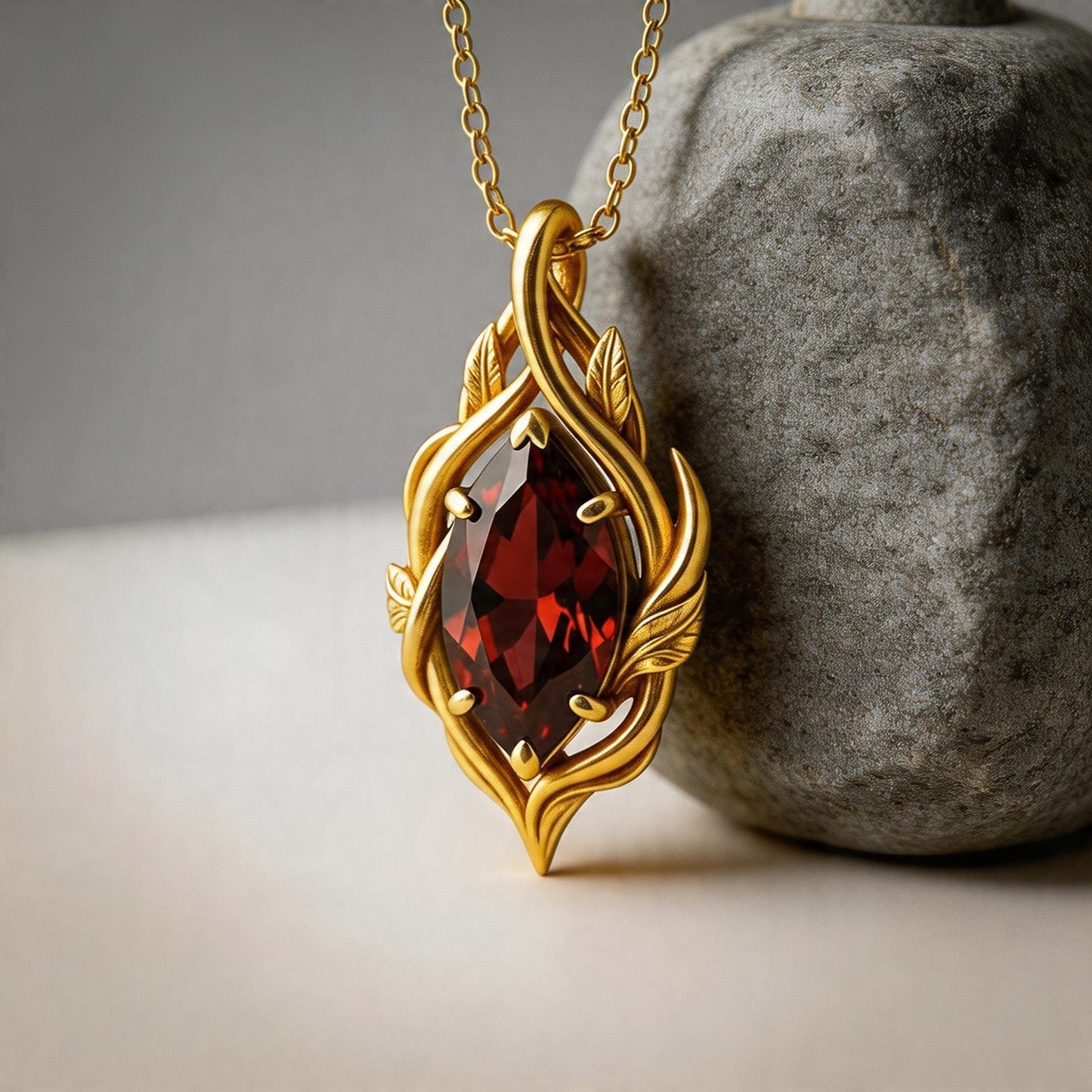 Marquise Garnet Necklace | 925 Sterling Silver Nature Leaf Pendant | Elegant Botanical Jewelry | Gift for Wife Anniversary