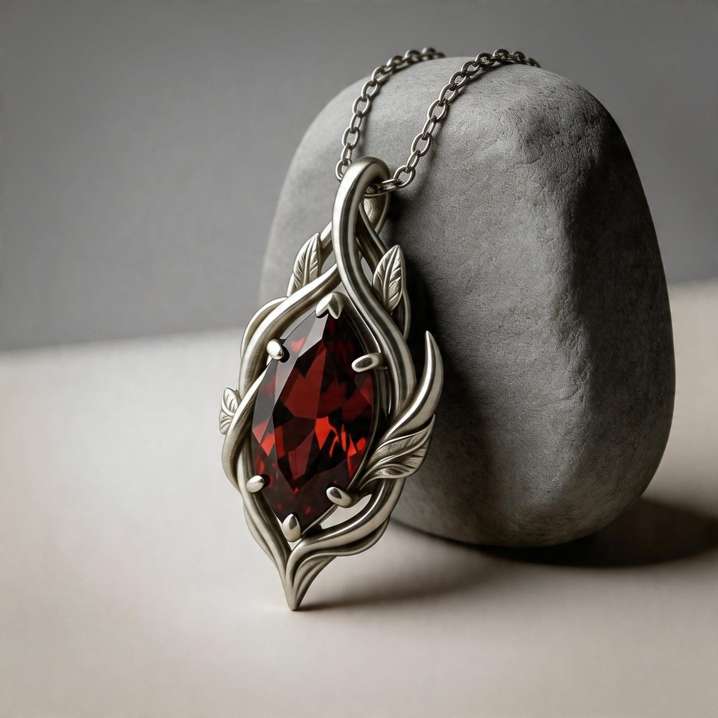 Marquise Garnet Necklace | 925 Sterling Silver Nature Leaf Pendant | Elegant Botanical Jewelry | Gift for Wife Anniversary