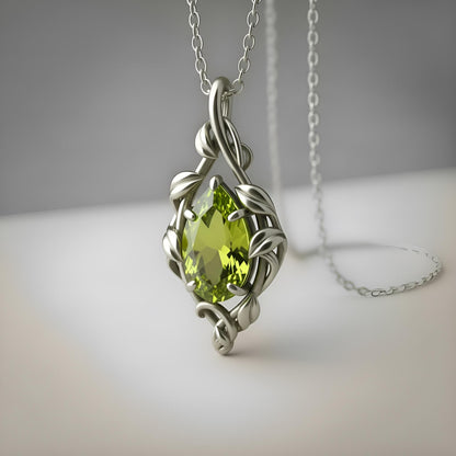 Peridot Teardrop Necklace | 925 Sterling Silver Gold Plated Pendant | Elven Nature Vine Jewelry | Unique Gift for Her