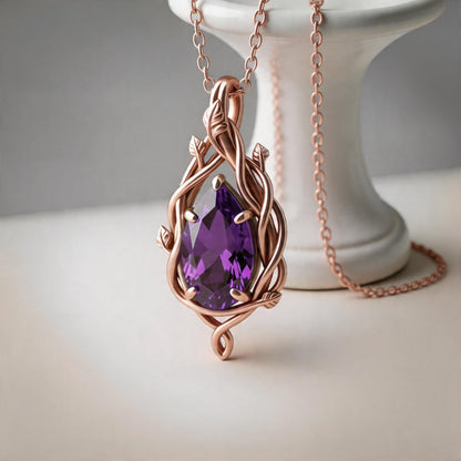 Amethyst Teardrop Necklace | 925 Sterling Silver Vine Pendant | Witchy Boho Nature Jewelry | Spiritual Gift for Her