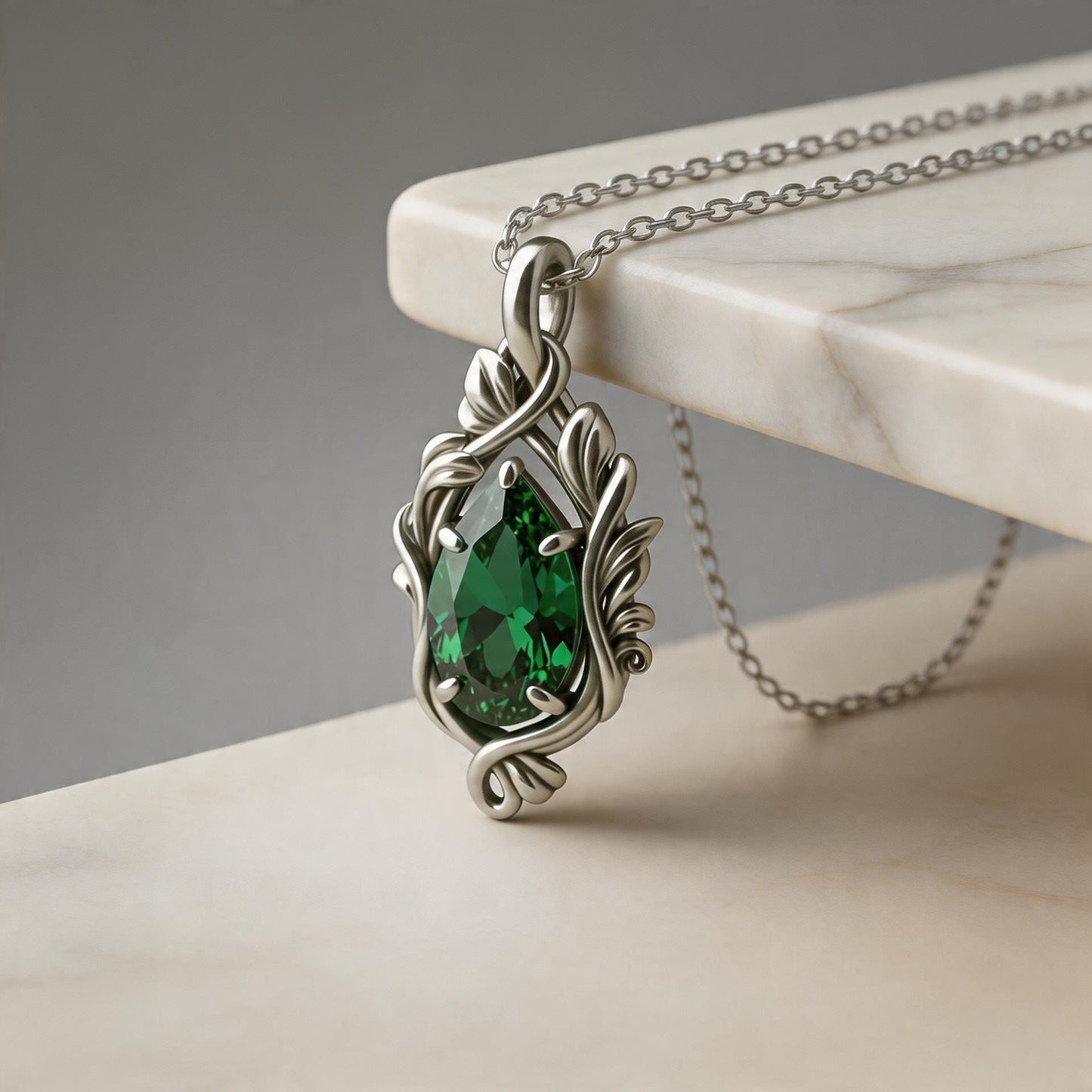 Emerald Teardrop Necklace | 925 Sterling Silver Pendant | Gothic Romantic Nature Jewelry | Anniversary Gift for Her