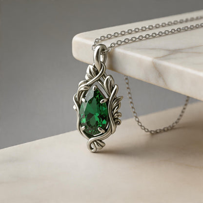 Emerald Teardrop Necklace | 925 Sterling Silver Pendant | Gothic Romantic Nature Jewelry | Anniversary Gift for Her
