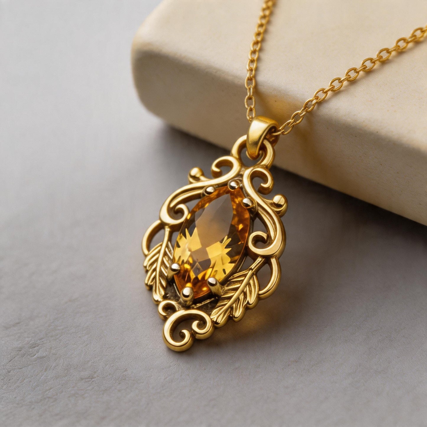 Marquise Yellow Topaz Necklace | 925 Sterling Silver Pendant | Baroque Vintage Romantic Jewelry | Gift for Her