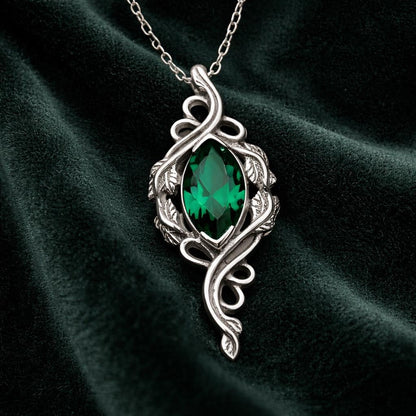 Marquise Emerald Necklace | 925 Sterling Silver Elven Pendant | Soft Gothic Vintage Botanical Jewelry | Gift for Nature Lovers