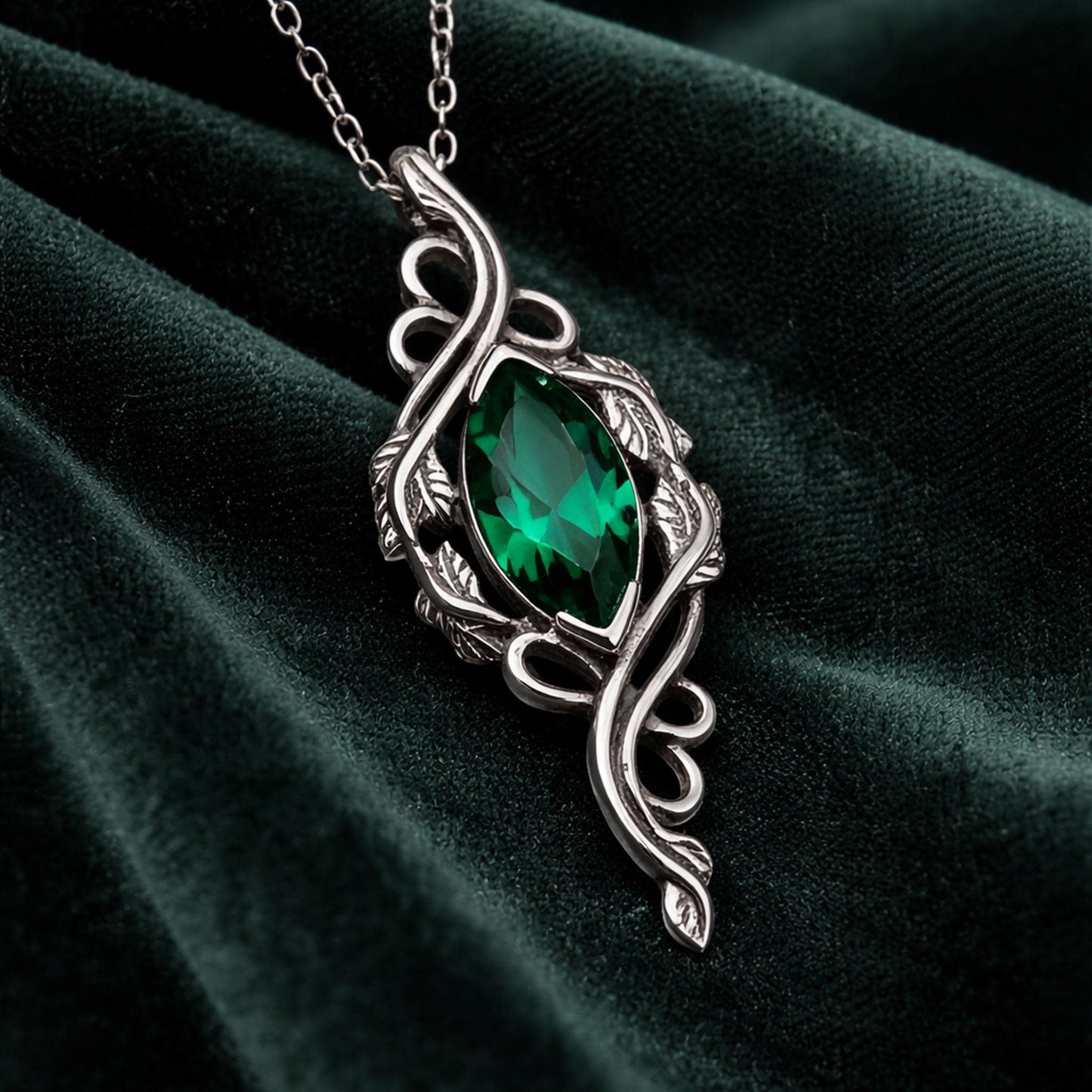 Marquise Emerald Necklace | 925 Sterling Silver Elven Pendant | Soft Gothic Vintage Botanical Jewelry | Gift for Nature Lovers