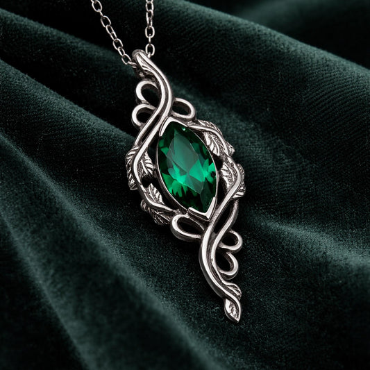 Marquise Emerald Necklace | 925 Sterling Silver Elven Pendant | Soft Gothic Vintage Botanical Jewelry | Gift for Nature Lovers